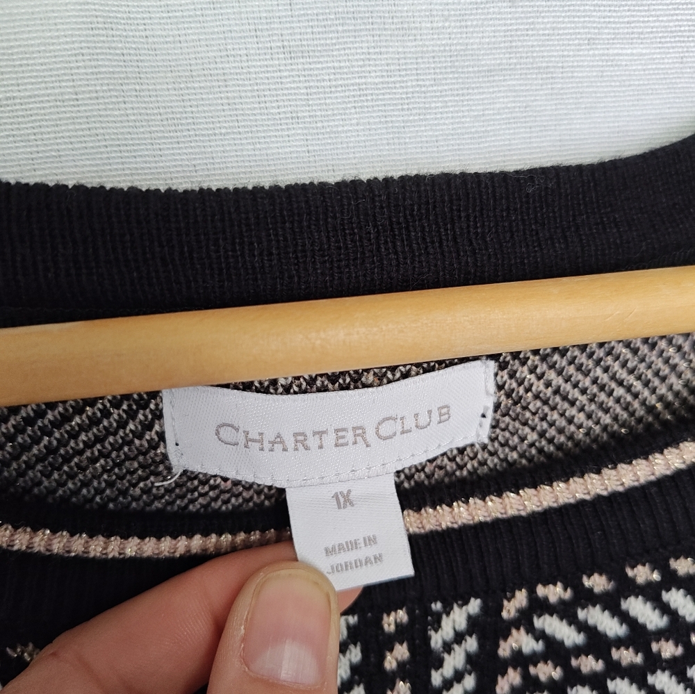 Charter Club Sweater Plaid Metallic Windowpane Black‎ White Beige 1X Crew Neck - Picture 6 of 9